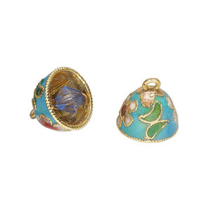 Bell, cloisonn&eacute; 1pkg2, gold-finished brass and enamel, turquoise blue and multicolored, 12x10mm bell with flower and bead clapper.
