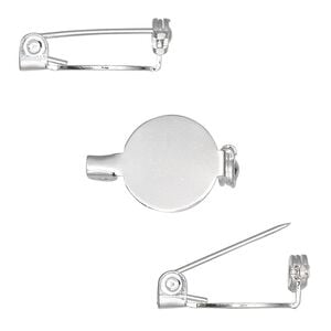 Pin back 1pkg10 silver-plated, 0.5 inch round / locking bar, steel