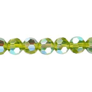 Bead 1pk 32 facets translucent peridot green AB, Celestial Crystal&reg; 8mm round 15.5-16 inch