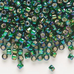 Seed bead, Dyna-Mites&trade;, glass, silver-lined translucent rainbow emerald green, #6 round with square hole. Sold per 40-gram pkg.