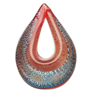 Focal, lampworked glass 1pkg1, opaque multicolored with copper-colored glitter and silver-colored foil, 54x39mm single-sided teardrop go-go.