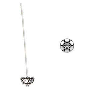 Head pin 1pkg2 sterling silver, 1.375 inch / 8x5mm half-round beaded cap, 21 gauge antiqued