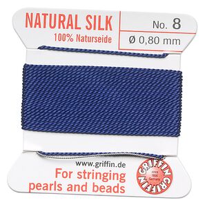 Thread, Griffin, silk, dark blue, size #8. Sold per 2-meter card (approximately 78 inches).