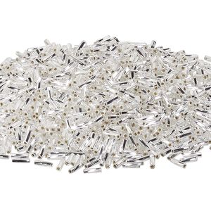 Bead, Miyuki, bugle bead, glass, pkg/50 g, 6x2mm center-drilled twisted, silver-lined translucent crystal clear, (TW-1).