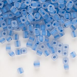 Seed bead, glass, pkg/50g, 3mm square, translucent color-lined dark blue terra crystal clear.