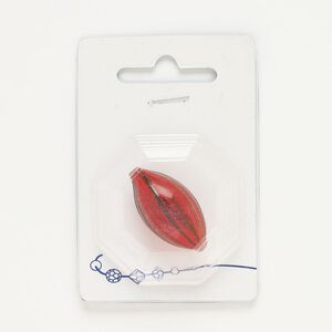 Bead, glass, translucent red and black, 34x19mm oval with line design and copper-colored glitter. Sold individually.