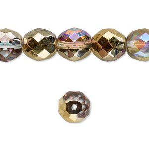 Bead, Czech fire-polished glass, two-tone clear AB and metallic amber gold, 10mm faceted round. Sold per 15-1/2" to 16" strand.