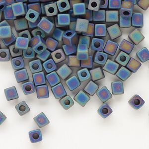 Seed bead, Miyuki, glass, pkg/250g, 3.5-3.7mm square, opaque frosted rainbow black (SB-401FR).