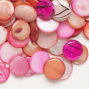 Mother-of-pearl shell 1pkg4oz, puffed flat round bead mix multi-pink 9-12mm