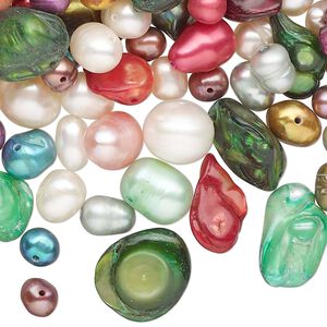 Pearl, cultured freshwater pearl (bleached/dyed), mixed colors, 4mm-12x9mm mixed shapes, Mohs hardness 2-1/2 to 4. Sold per 1/2 pound pkg, approximately 400 beads.