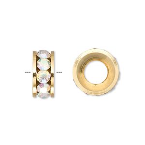 Bead 1pkg2 gold-finished, 14x6mm rondelle, brass / Czech crystal / crystal clear AB Dione&reg;