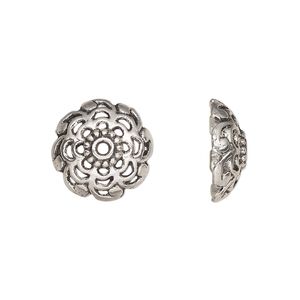 Bead cap, antiqued silver-finished "pewter" (zinc-based alloy), 15x6mm open flower round, fits 12-13mm beads. Sold per pkg of 20.