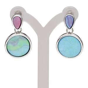 Earring, resin with silver-plated steel and "pewter" (zinc-based alloy), multicolored, 1-1/4 inches with round and post. Sold per pair.