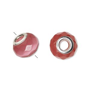 Bead, Dione&reg;, cat's eye glass (fiber optic glass) and silver-plated brass grommets, opaque dark pink, 13x10mm-14x10mm faceted rondelle. Sold per pkg of 4.