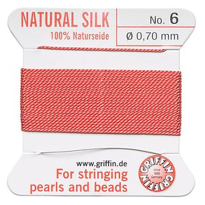 Thread, Griffin, silk, coral, size #6. Sold per 2-meter card (approximately 78 inches).