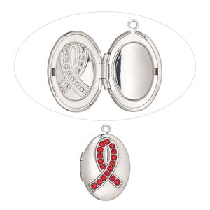 Drop, glass rhinestone and imitation rhodium-plated brass, red, 21x16mm oval locket with awareness ribbon and 14x10mm oval setting. Sold individually.