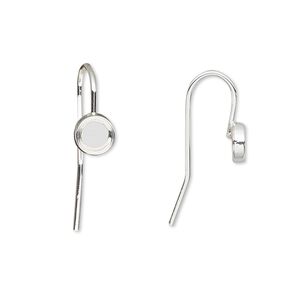 Ear wire fishhook 1pkg10 Almost Instant Jewelry&reg;, 13mm / 4mm round glue-in cab setting, 18 gauge silver-finished brass 5 pair