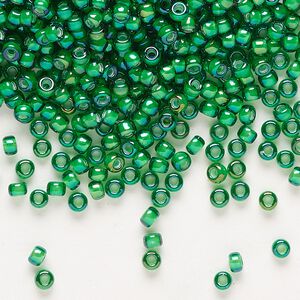 Seed bead, Miyuki, glass, pkg/250g, #8 rocaille, translucent white-lined luster green, (RR-3763).