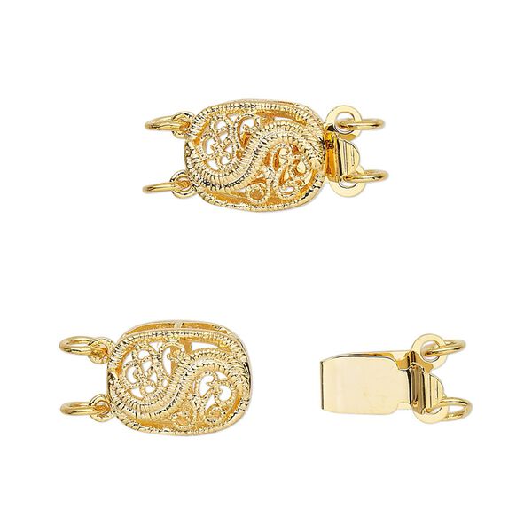 Clasp tab 1pkg4 gold-plated, 12x9mm filigree oval, brass 2-strand image number 0