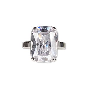Ring, glass and rhodium-plated brass, clear, 18x13mm rectangle, size 8. Sold individually.