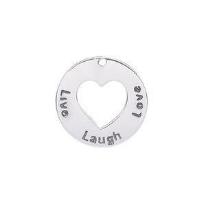 Drop, enamel and sterling silver, black, 20mm single-sided round with cutout heart and "Live, Laugh, Love." Sold individually.