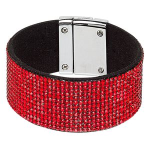 Bracelet, glass rhinestone / faux suede / imitation rhodium-plated "pewter" (zinc-based alloy), black and red, 31mm wide, 6-1/2 inches with magnetic clasp. Sold individually.