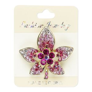 Brooch, glass rhinestone and gold-finished "pewter" (zinc-based alloy), multicolored, 47x46mm maple leaf. Sold individually.