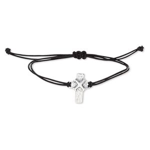 Bracelet, waxed cotton cord and antiqued sterling silver, black, 20x15mm hammered cross, adjustable from 6-1/2 to 9 inches with macram&eacute; knot closure. Sold individually.