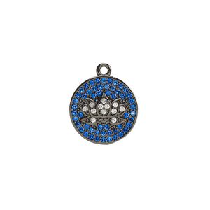 Drop, cubic zirconia and black-finished brass, blue and clear, 14.5mm single-sided round with lotus flower design. Sold individually.