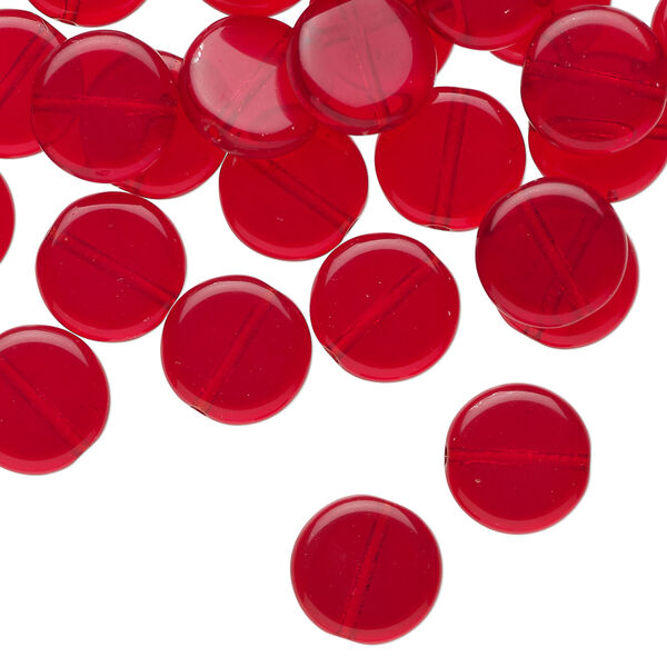 Bead 1pkg40, Czech pressed glass, transparent ruby red, 10mm flat round. image number 0