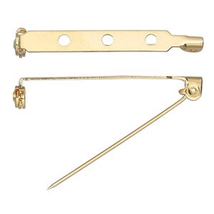 Pin back 1pkg10 gold-plated, 1.5 inch / locking bar, steel