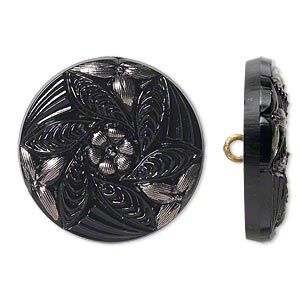 Button 1pkg1, Czech pressed glass and brass, black and silver, 27mm round with flower design and hidden open loop.