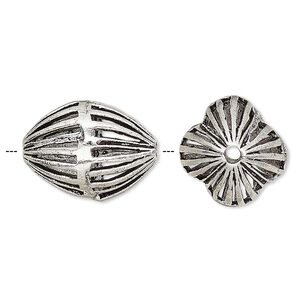 Bead 1pkg2 silver-finished, 20x16mm open fluted oval, brass antique
