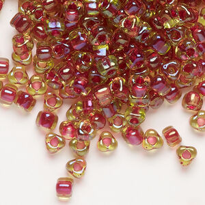 Seed bead, Miyuki 1pkg10g, glass, #5 triangle, transparent fuchsia inside dyed color lime (TR-1820)