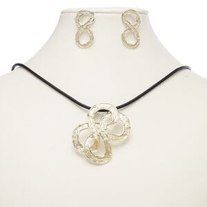 Necklace and earring set, leather (dyed) / enamel / imitation rhodium-finished steel / brass / "pewter" (zinc-based alloy), black and light yellow, 57x49mm knot, 18-inch necklace with 2-inch extender chain and lobster claw clasp, 34mm earrings with post. Sold per set.