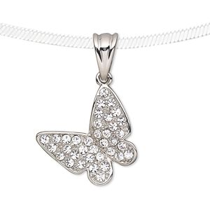 Pendant, Preciosa Czech glass rhinestone and silver-plated pewter (tin-based alloy), clear, 21x21mm butterfly. Sold individually.