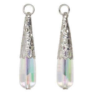 Focal, imitation rhodium-finished steel and acrylic, clear AB, 36x9mm teardrop with jump ring. Sold per pkg of 8.