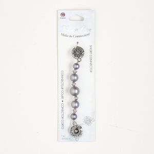 Connector, silver-finished brass / glass / acrylic, grey and  pearlescent grey,  7-12mm round and 6mm bicone. Sold per pkg of 4-1/2 x 1/2 inches.