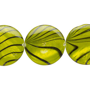 Mother-of-pearl shell 1pkg1, puffed flat round / black stripe bead 15 inch green 19-20mm
