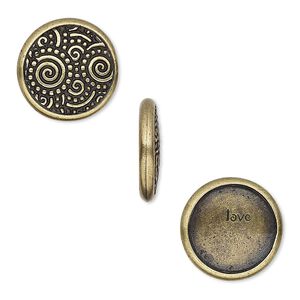 Snap cap, TierraCast&reg;, glue-on, antique brass-plated pewter (tin-based alloy), 15mm single-sided round with swirl design and "love." Sold per pkg of 2.