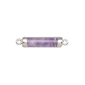 Link, amethyst (natural) / electroplated silver / silver-plated sterling silver, 20x5mm-21x6mm hand-cut faceted tube. Sold individually.
