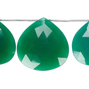 Green onyx 1pkg3, hand-cut top-drilled faceted puffed teardrop bead 25x25mm-28x28mm