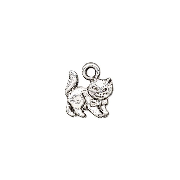 Charm, pewter (tin-based alloy), pkg/1, antique silver plate, 11.5mm cat with bowtie. image number 0