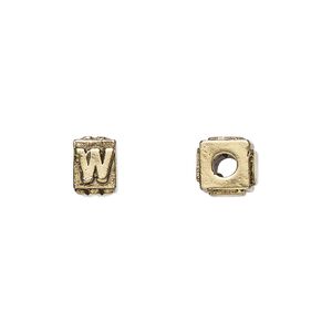 Bead 1pkg4 gold-plated pewter, 8x6mm rectangle / letter W, antique Dione&reg;