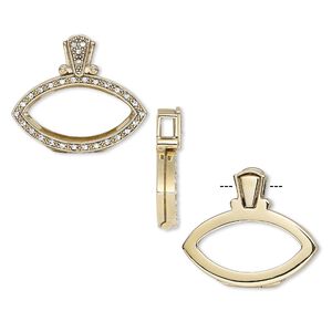 Pendant, Almost Instant Jewelry&reg;, antique gold-finished brass / crystal / rubber, crystal clear, 36.5x32mm single-sided hinged marquise with 32x17mm marquise setting. Sold individually.