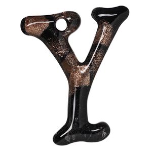 Focal, lampworked glass, semitransparent black and clear with copper-colored glitter, 43x35mm single-sided letter Y with 3.5-4.5mm hole. Sold individually.