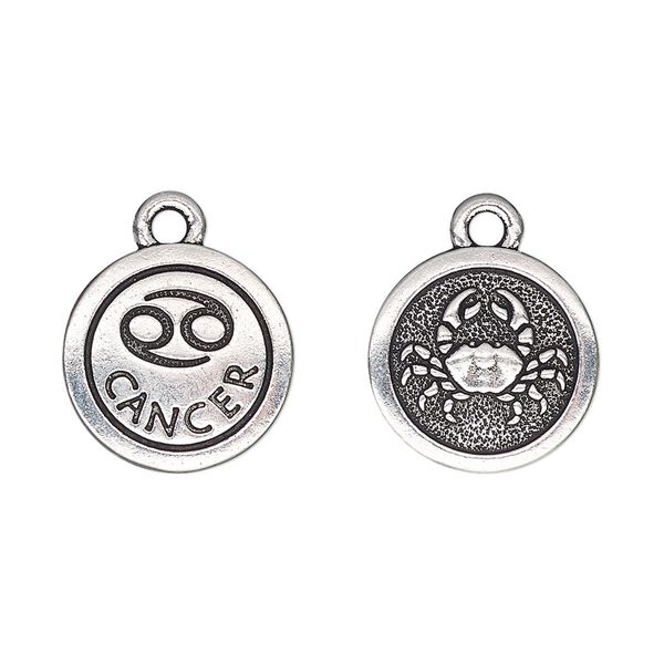 Charm, TierraCast&reg;, antique silver-plated pewter (tin-based alloy), 15mm two-sided flat round with Cancer zodiac sign and symbol. Sold per pkg of 2. image number 0