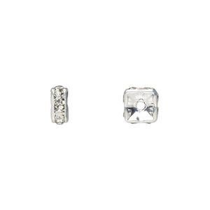 Bead 1pkg10 silver-plated, 6x3mm squaredelle, brass / clear rhinestone