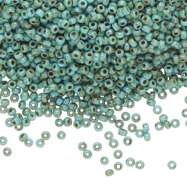 Seed bead, Miyuki, glass, pkg/25g, #11 rocaille, opaque Picasso turquoise blue, (RR-4514). image number 0