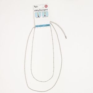 Necklace, 2-strand, steel, pkg/17 inches, silver finish, 2mm ball and 1mm curb with lobster claw clasp and extender chain.